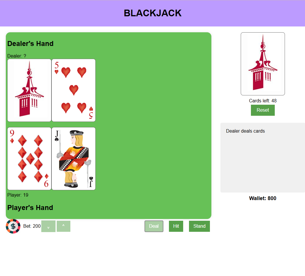 Blackjack UI mock with cards and table